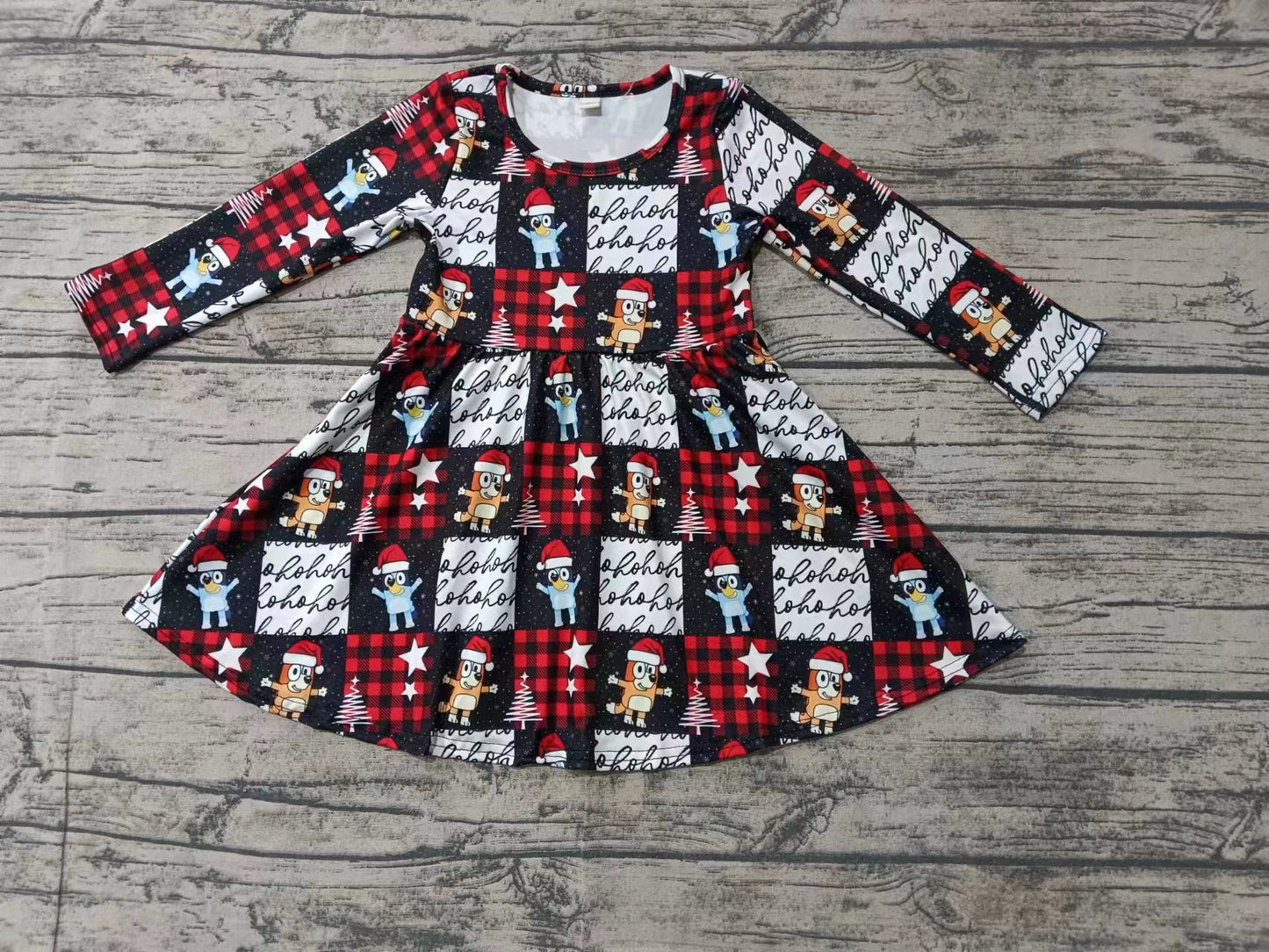 Baby Girl Long Sleeves Christmas Plaid Dog Knee Length Dress