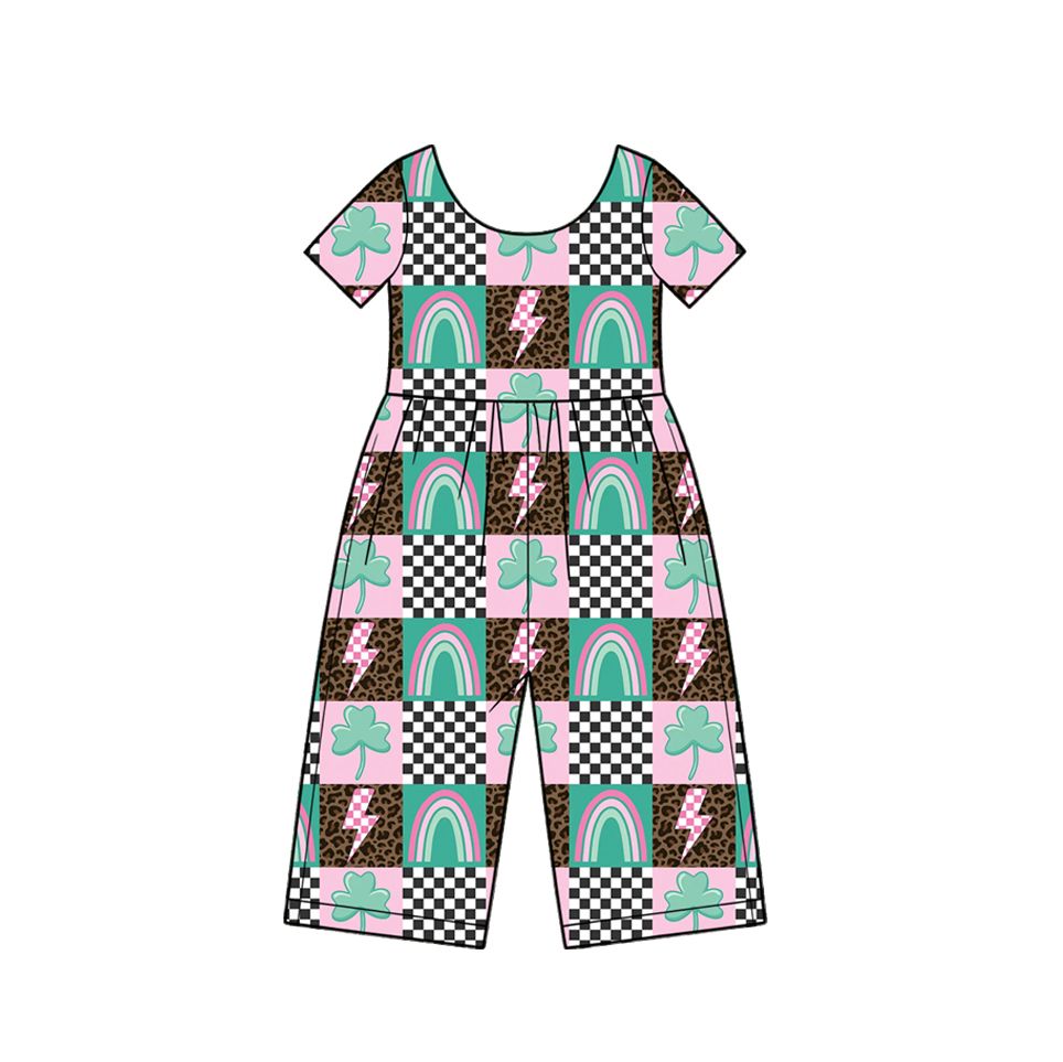 ( Moq 5 ) Preorder Baby Girl Kids Short Sleeves Clovers Pants Rainbow Jumpsuit St Patrick Clothes