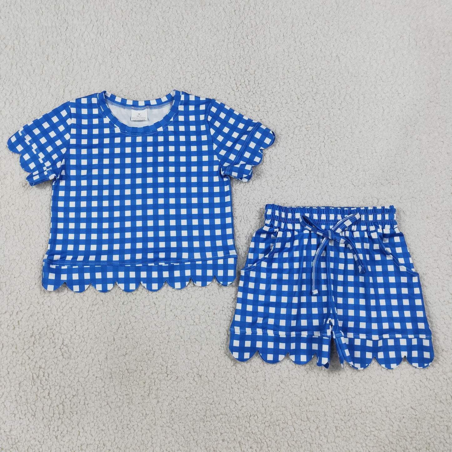 Baby Girls Kids Short Sleeves Blue Plaid Shirt Scallop Shorts Set Clothes RTS