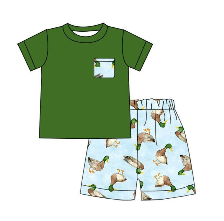 Moq 3 Pre-order BSSO0733 Baby Boy Short Sleeves Green Shirt Ducks Shorts Summer Set