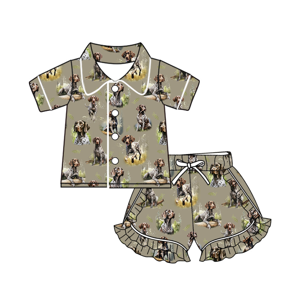 Baby Girl Short Sleeves Dog Hunting Buttons Shirt Ruffle Shorts Pajamas Set Moq 5