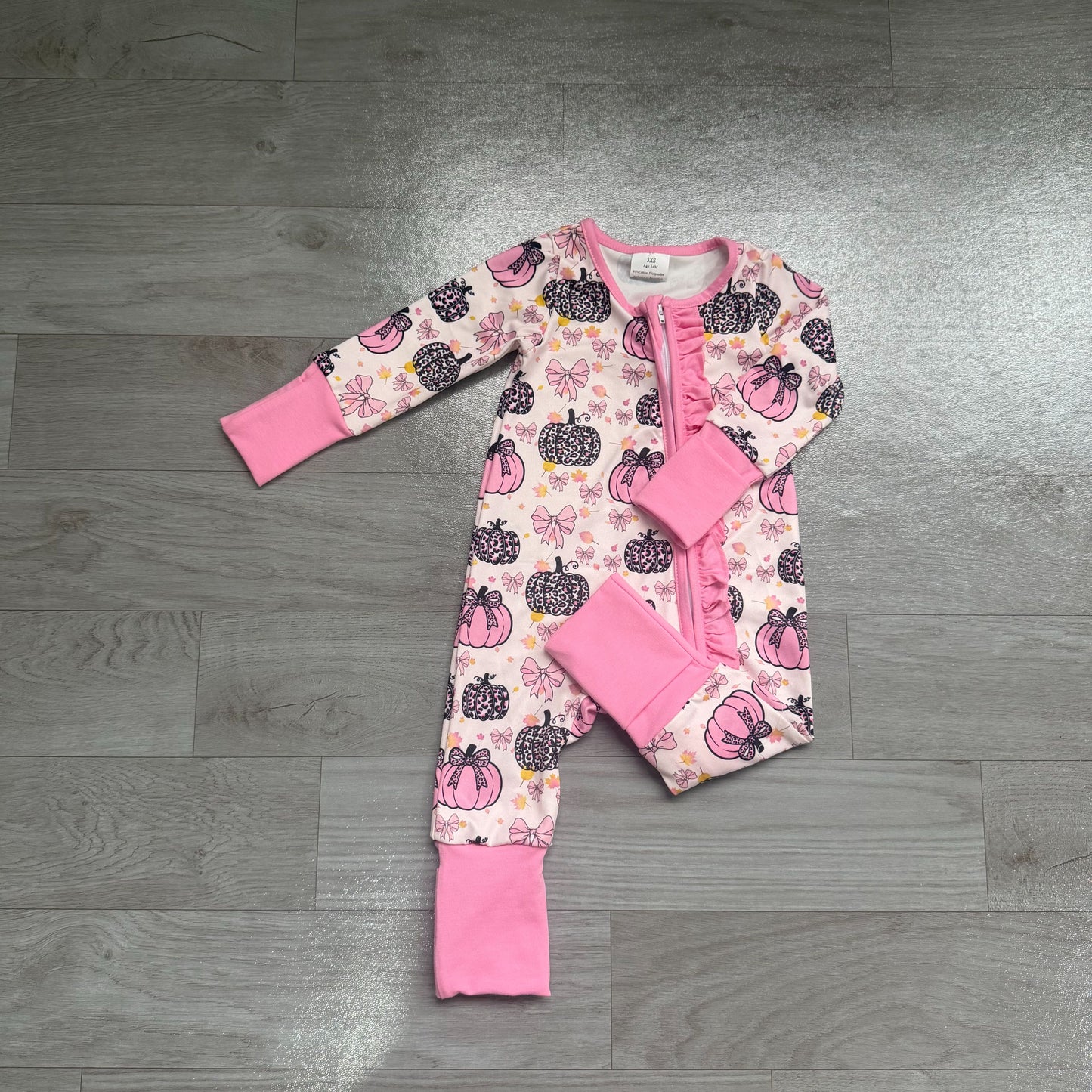( No moq ) Baby Girls Infant Long Sleeves Pumpkins Bows Pink Ruffle Zipper Romper Fall Clothes