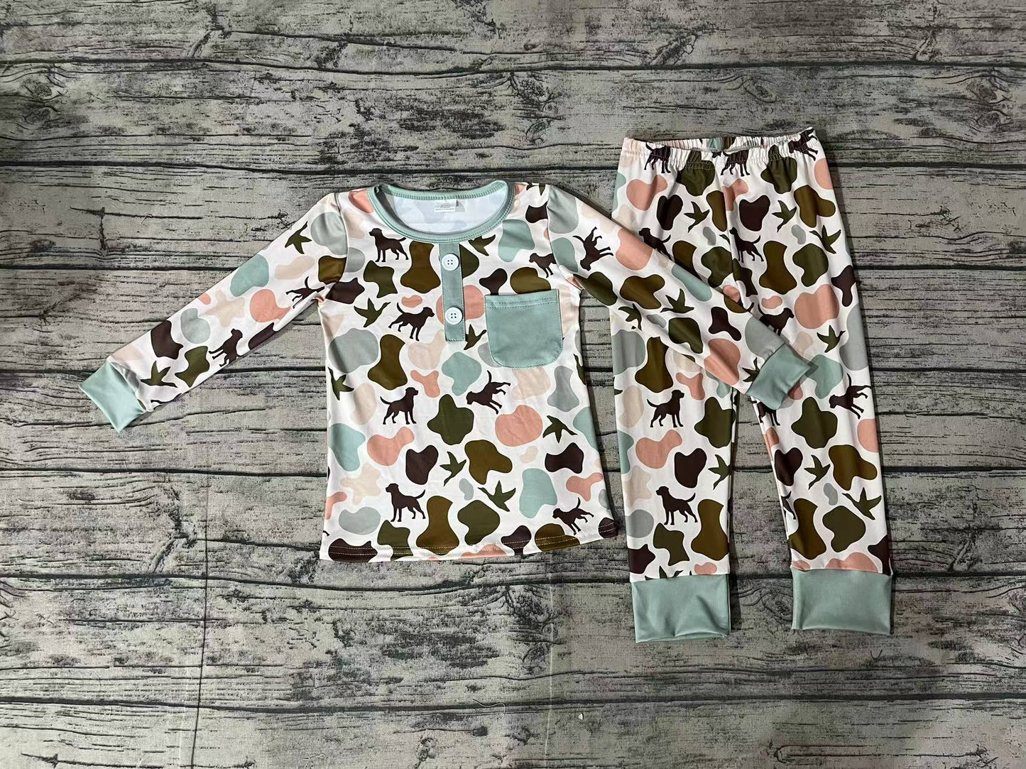 Baby Boy Toddler Kids Camo Dog Ducks Tee Shirt Pants Pajamas Bamboo Set