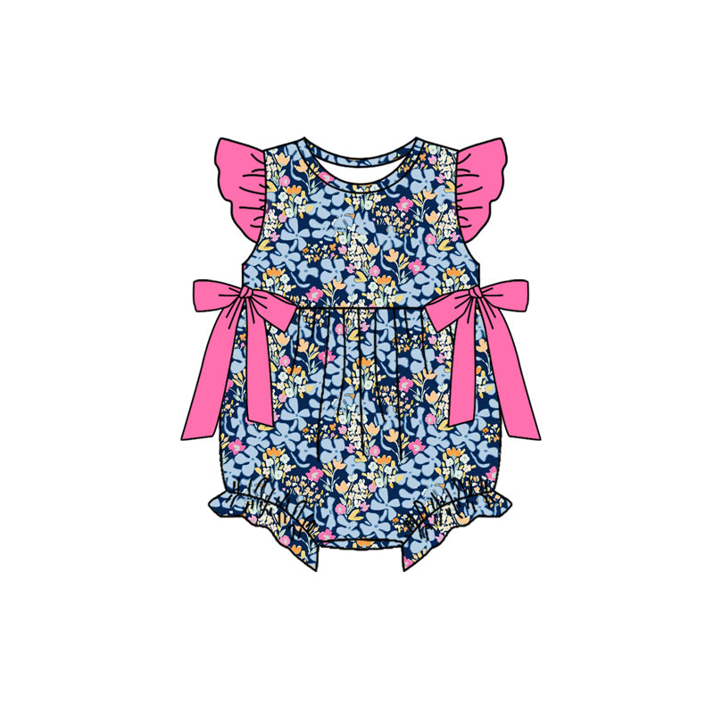 ( Moq 5 )  Preorder Baby Girls Infant Short Sleeves Flower Pink Bows Summer Bubble Romper