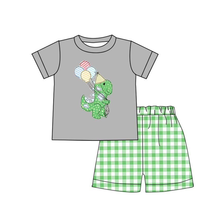 Moq 3 Pre-order BSSO0430 Baby Boy Dinosaur Balloon Tops Green Plaid Shorts Birthday Set