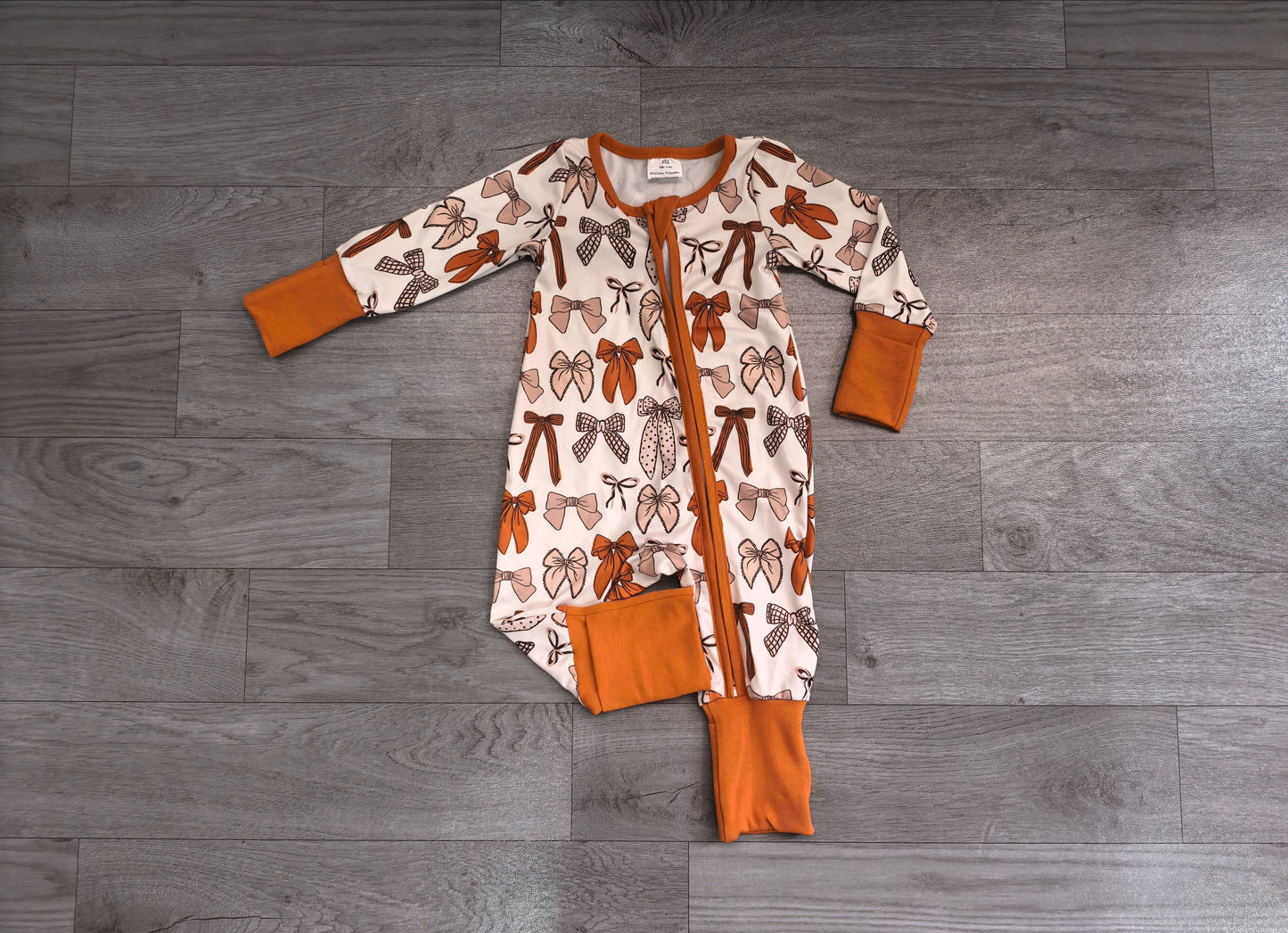 ( No moq ) Preorder Baby Girls Kids Long Sleeves Bows Zipper Sleeper Footie Romper Brown Clothes