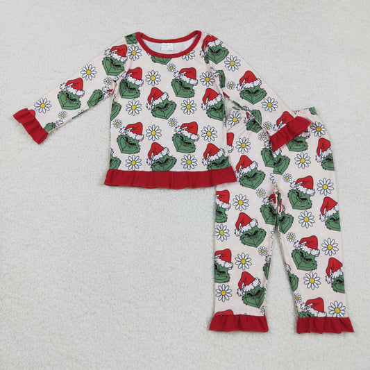Baby Girl Long Sleeves Green Face Flower Christmas Shirt Pants Pajamas Set RTS