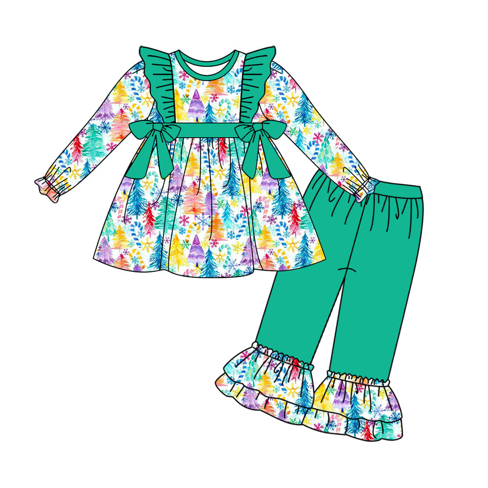 Baby Girl Christmas Colorful Tree Tunic Top Ruffle Pants Set