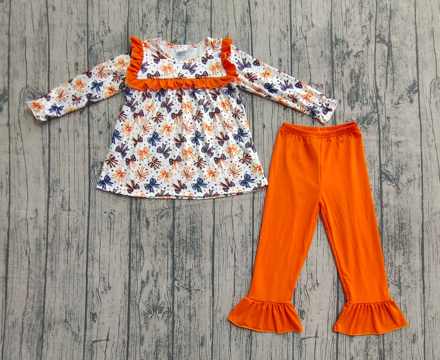 Baby Girl Long Sleeves Colorful Bows Stars Tunic Ruffle Pants Halloween Set RTS