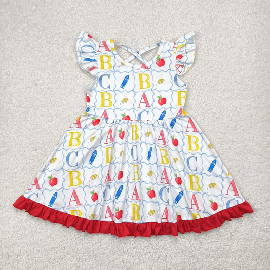 Baby Girl Short Sleeves Back To School Pencil Apple Knee Length Twirl Dress RTS