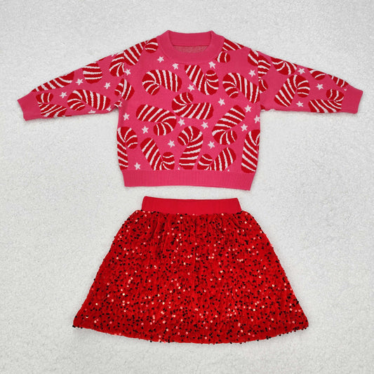 Baby Girl Christmas Candy Cane Sweater Red Sequin Skirt Set