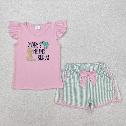 Baby Girl Short Sleeves Embroidery Daddy's Fishing Buddy Shirt Bow Stripes Shorts Clothes Set