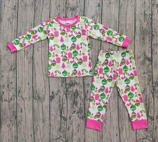 ( No moq ) Preorder Baby Girl Long Sleeves Green Face Tree Christmas Shirt Pants Pajamas Set