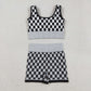 Adult Woman Sleeveless Black Checkered Tank Tops Shorts Knitted Yoga Set RTS