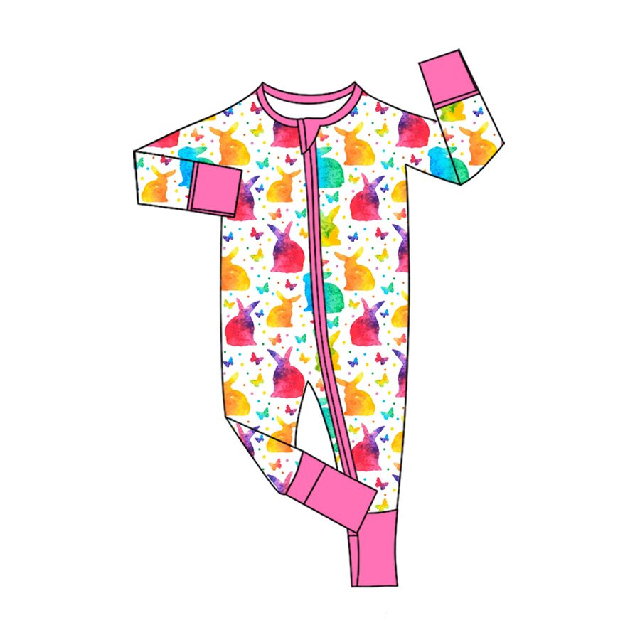 ( Moq 5 ) Preorder Baby Girls Kids Long Sleeves Rabbits Zipper Footie Romper Easter Clothes