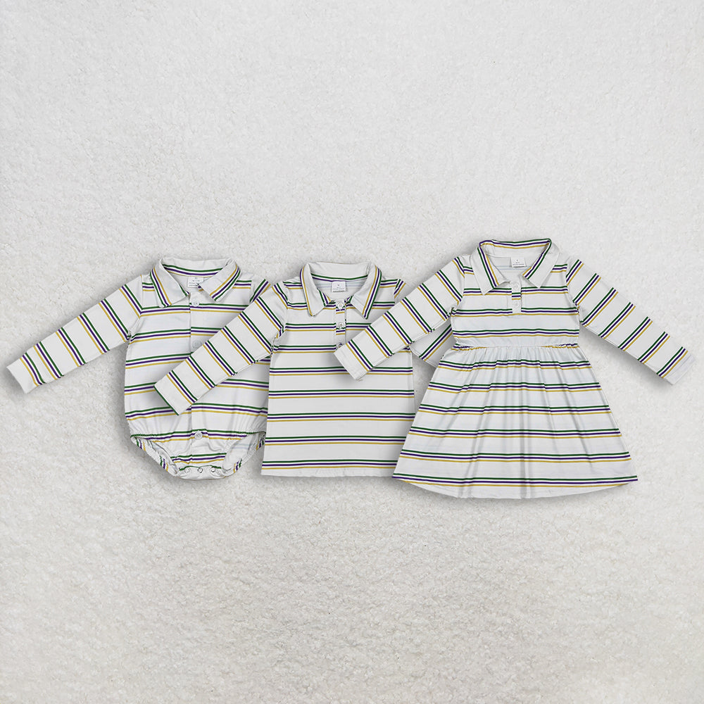 Sibling Baby Boys Girls Long Sleeves Stripes Buttons Mardi Gras Buttons Romper Shirt Dress RTS