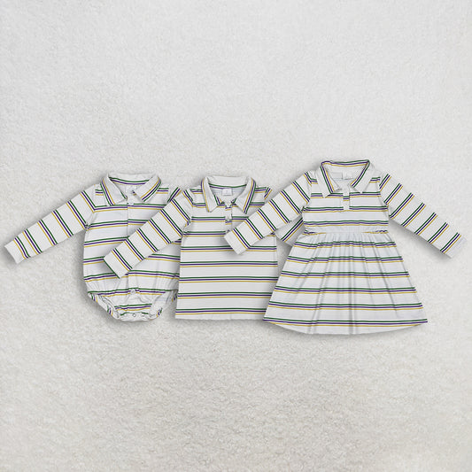 Sibling Baby Boys Girls Long Sleeves Stripes Buttons Mardi Gras Buttons Romper Shirt Dress RTS