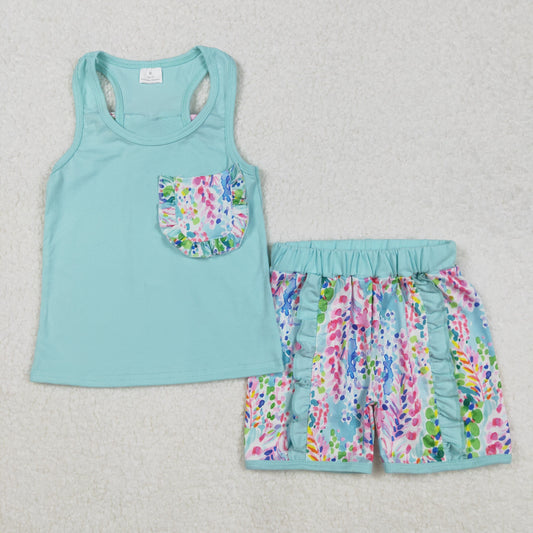 Baby Girl Sleeveless Pocket Bow Blue Tops Ruffle Shorts Set RTS