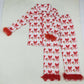 Adult Woman Red Fur Long Sleeves Santa Bows Buttons Shirt Pants Christmas Pajamas Set RTS