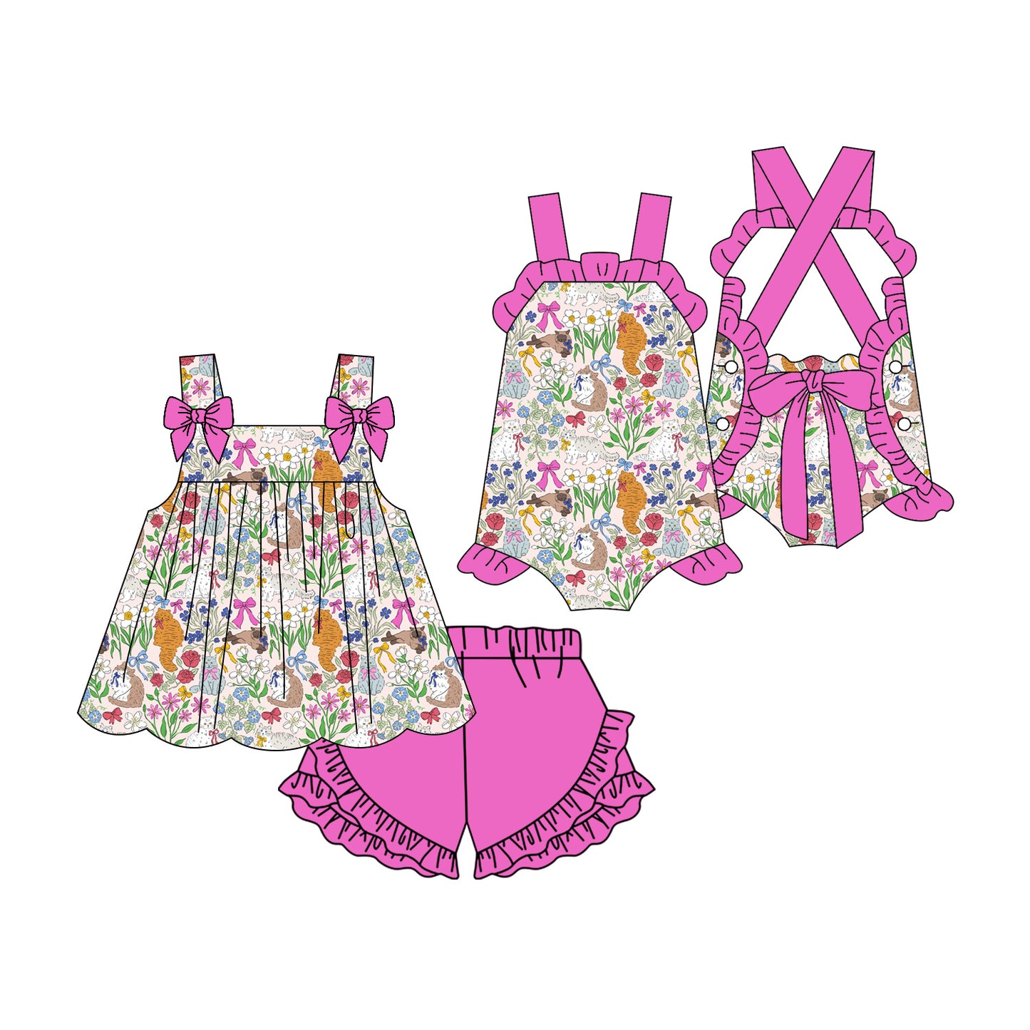 ( Moq 5 Each Style ) Sibling Baby Girls Kids Cats Bows Flower Tops Shorts Summer Set Romper
