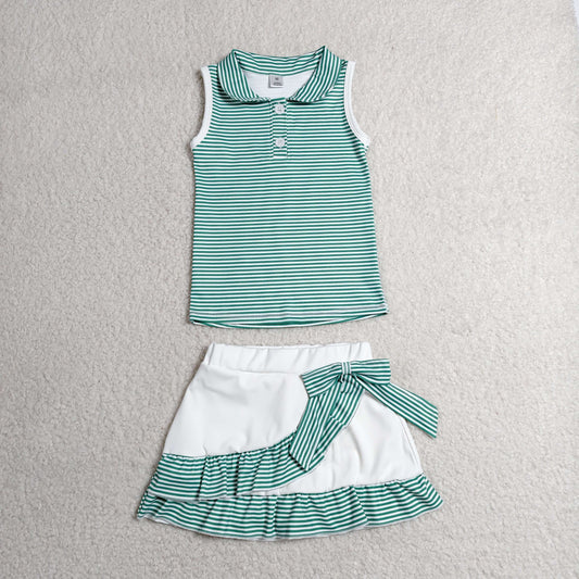 Baby Girls Kids Green Stripes Buttons Shirt Ruffle Skirt Shorts Yoga Active Set Clothes RTS