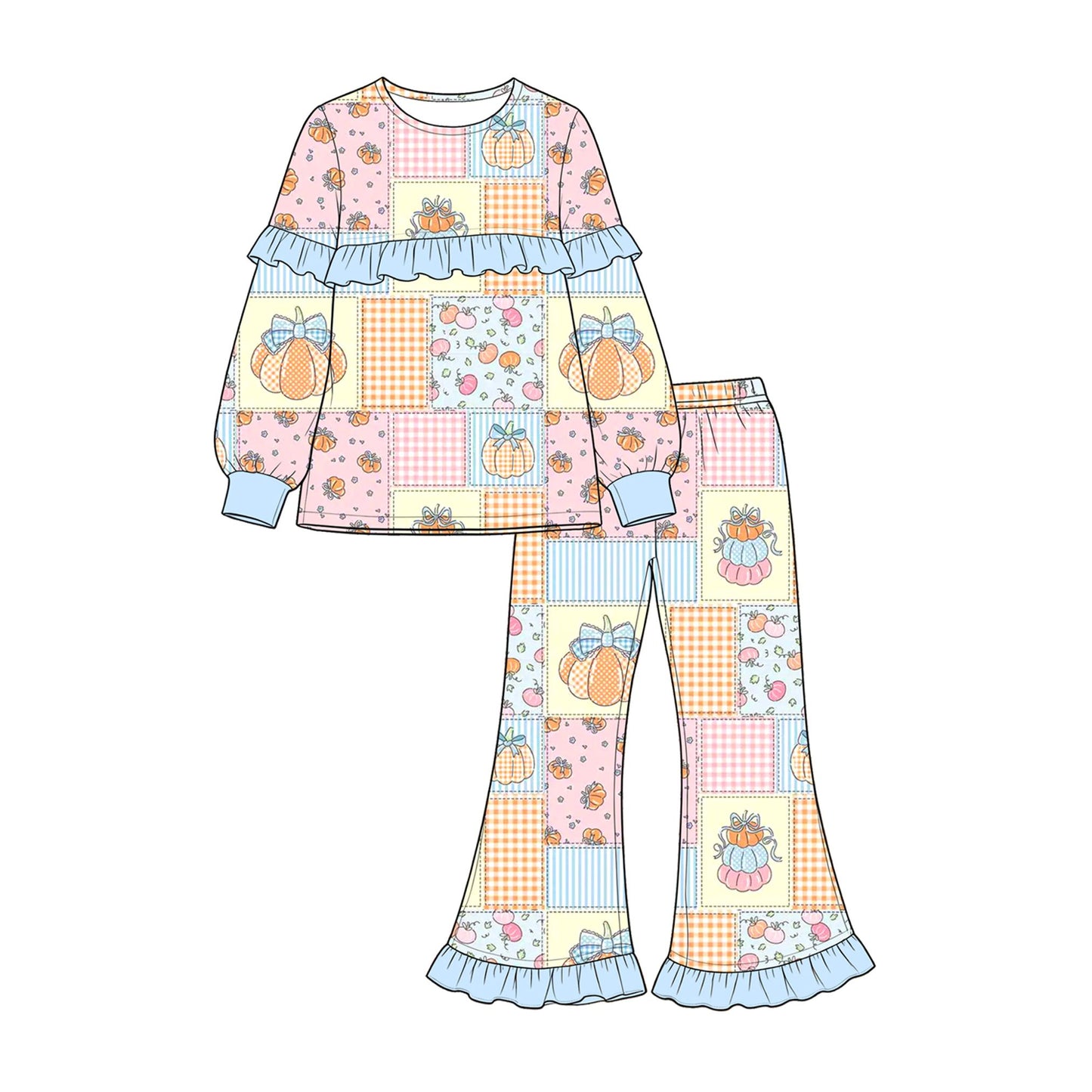 ( Moq 5 ) Preorder Baby Girls Kids Pumpkins Bows Plaid Tops Ruffle Pants Set Fall Clothes