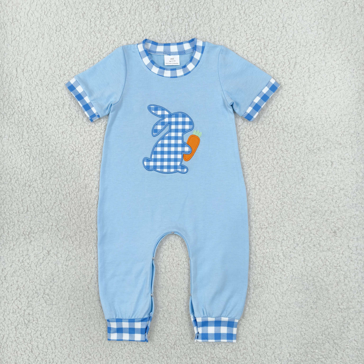 Baby Girls Infant Short Sleeves Embroidery Rabbit Carrot Easter Romper Blue Clothes RTS
