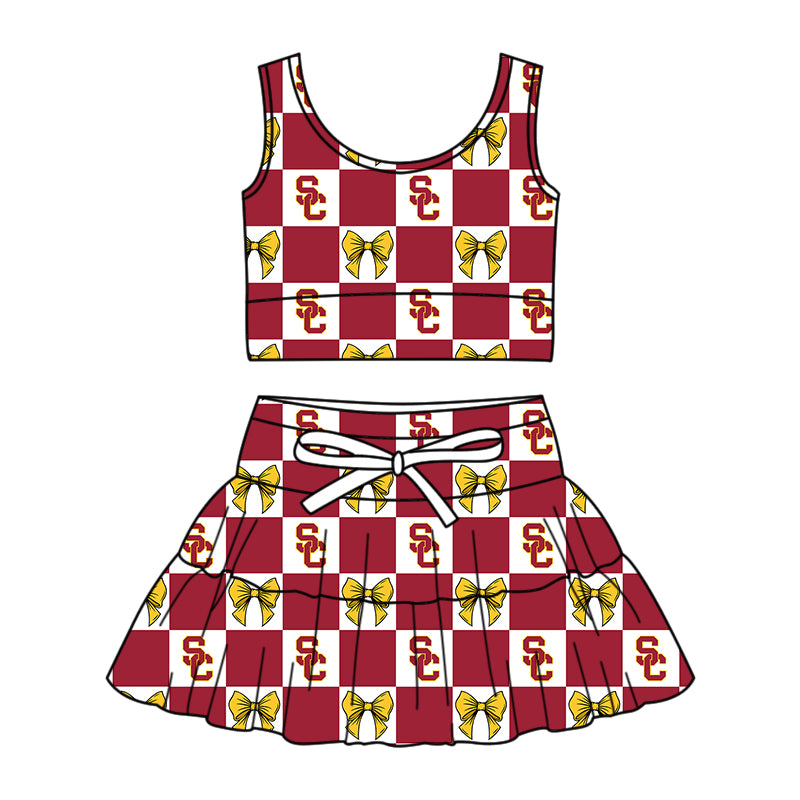 ( Moq 5 ) Baby Girls Kids Sleeveless SC Bows Checked Tops Shorts Skirt Team Set