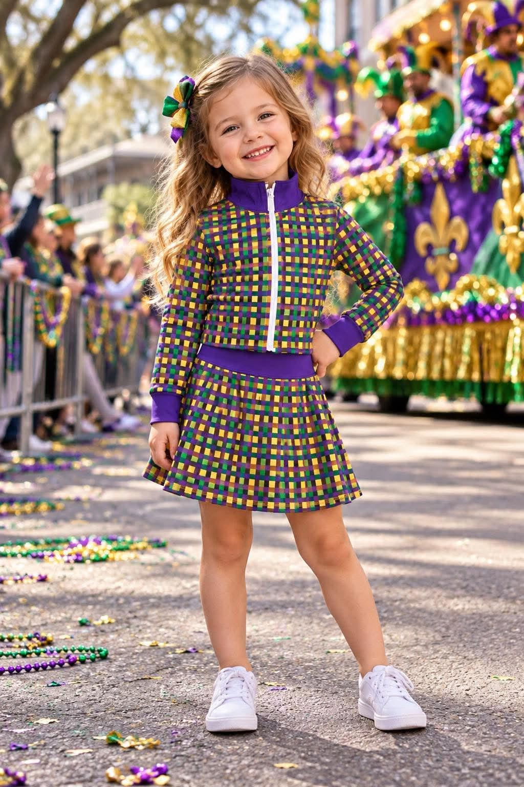( Moq 5 ) Preorder Baby Girls Kids Long Sleeves Plaid Shirt Skirt Shorts Mardi Gras Set Yoga Clothes
