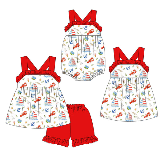 ( Moq 5 Each Style ) Sibling Baby Girls Kids Boats Crayfish Romper Dress Set 4th of July Clothes