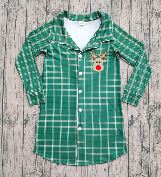 Pre-order Adult Women Green Plaid Long Sleeves Christmas Embroidery Deer Tops Sleepwear