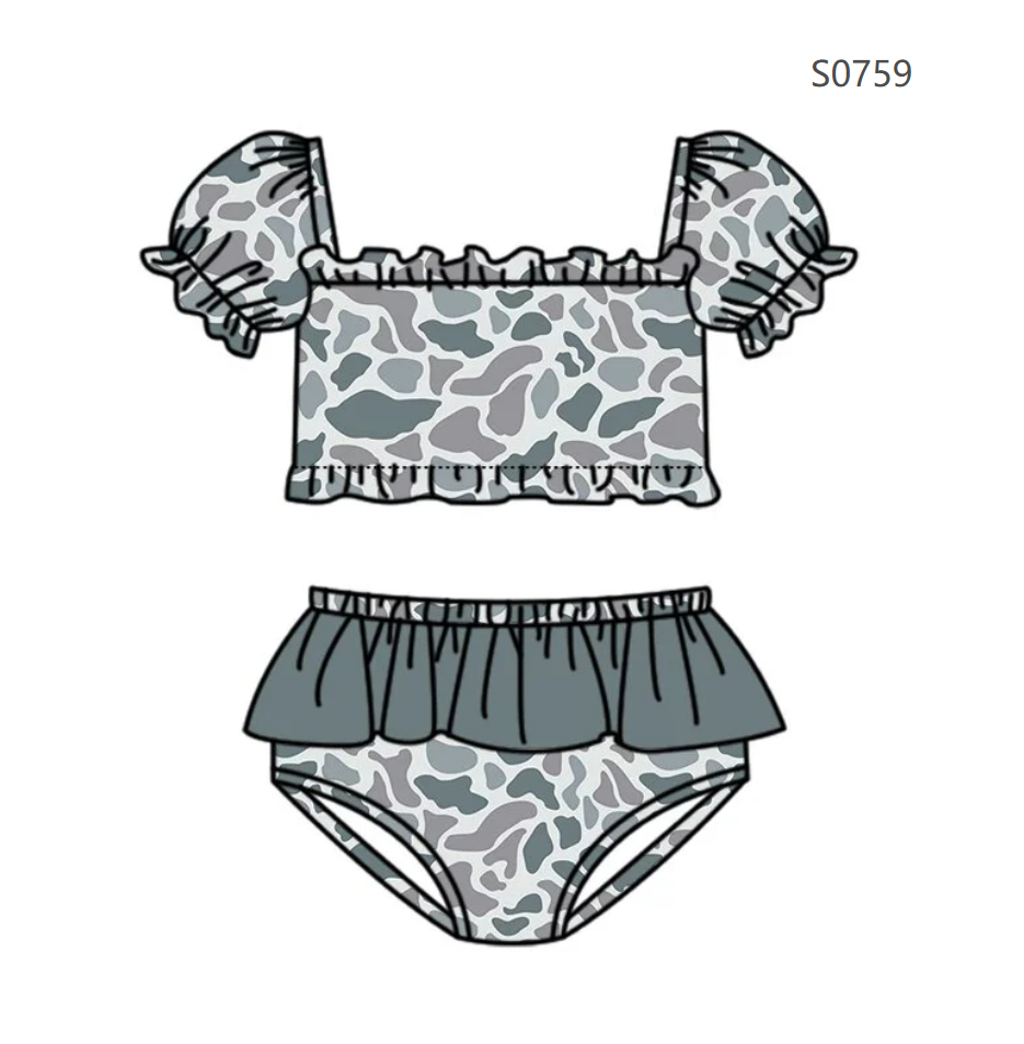 ( Moq 5 ) Preorder Baby Girls Kids Short Sleeves Grey Camo Tops Brown Ruffle Shorts Set Swimsuit