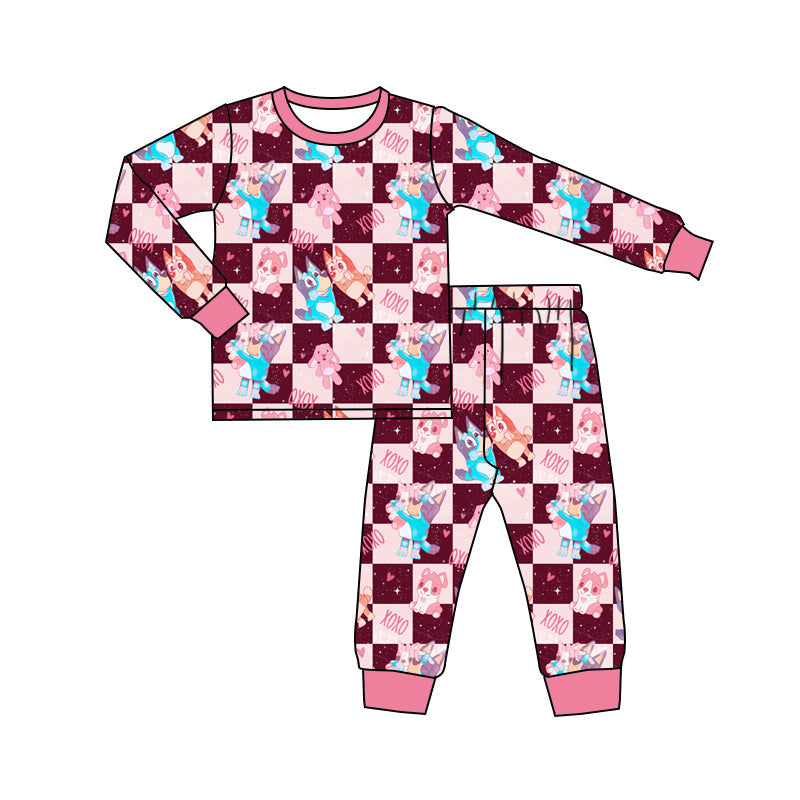 Baby Girl Long Sleeves Valentines Dogs Plaid Shirt Pants Pajamas Clothes Set Moq 5