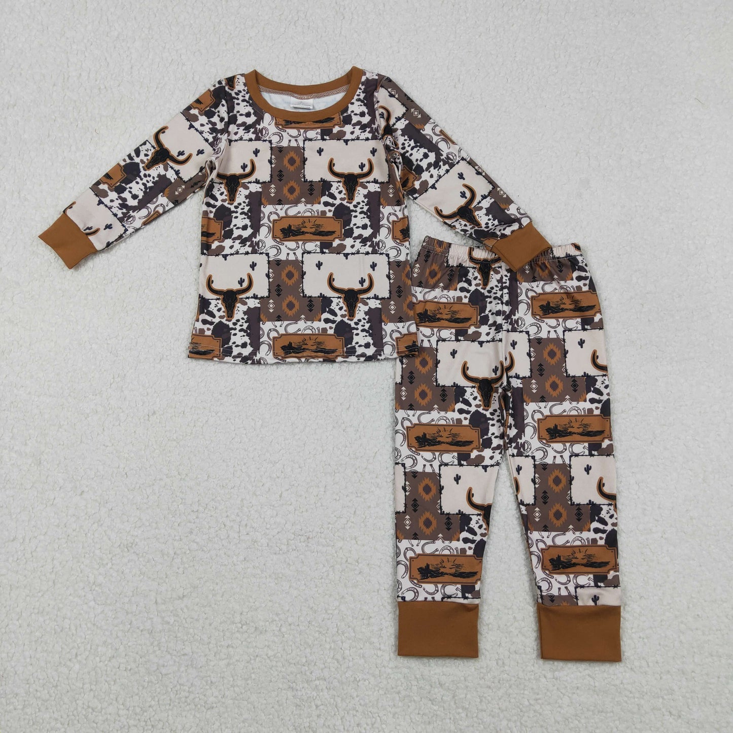 Baby Boy Long Sleeves Western Cow Cactus Shirt Pants Brown Pajamas Clothes Set RTS