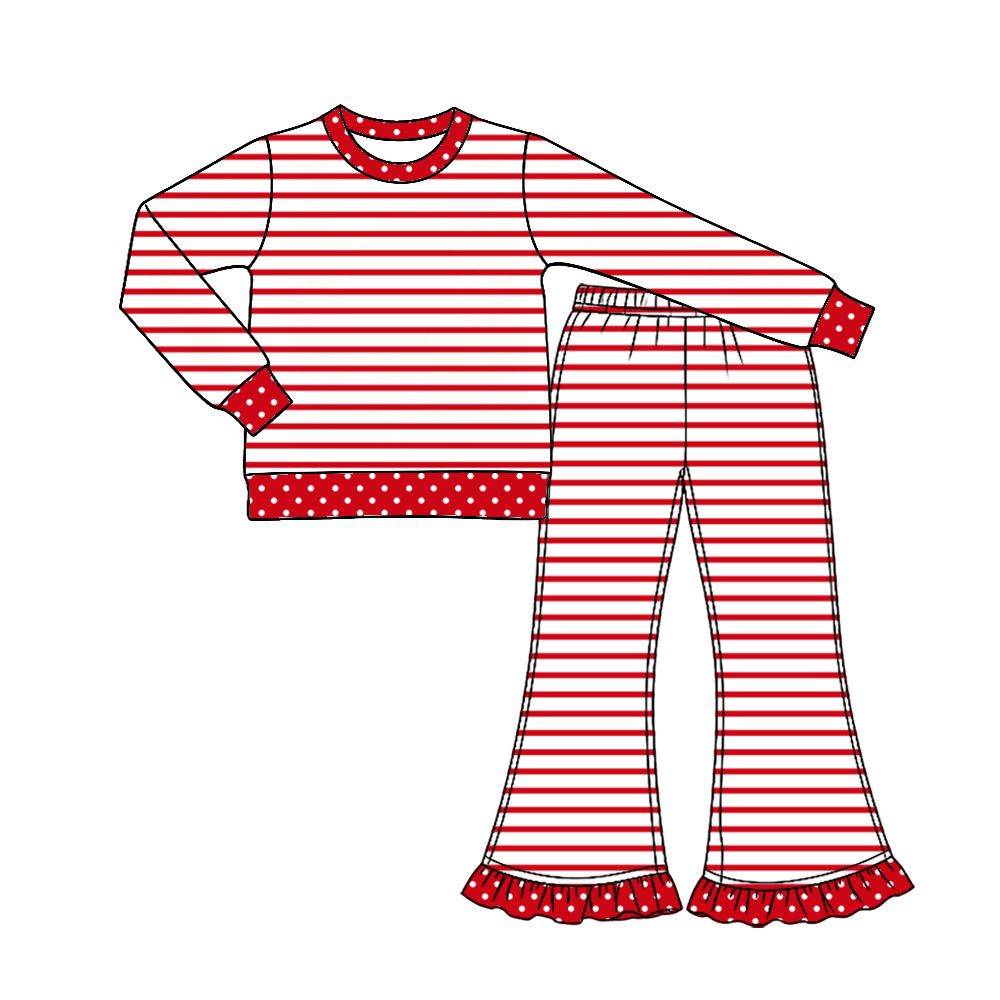 ( Moq 5 ) Preorder Baby Girls Kids Long Sleeves Red Stripes Shirt Ruffle Pants Set Clothes