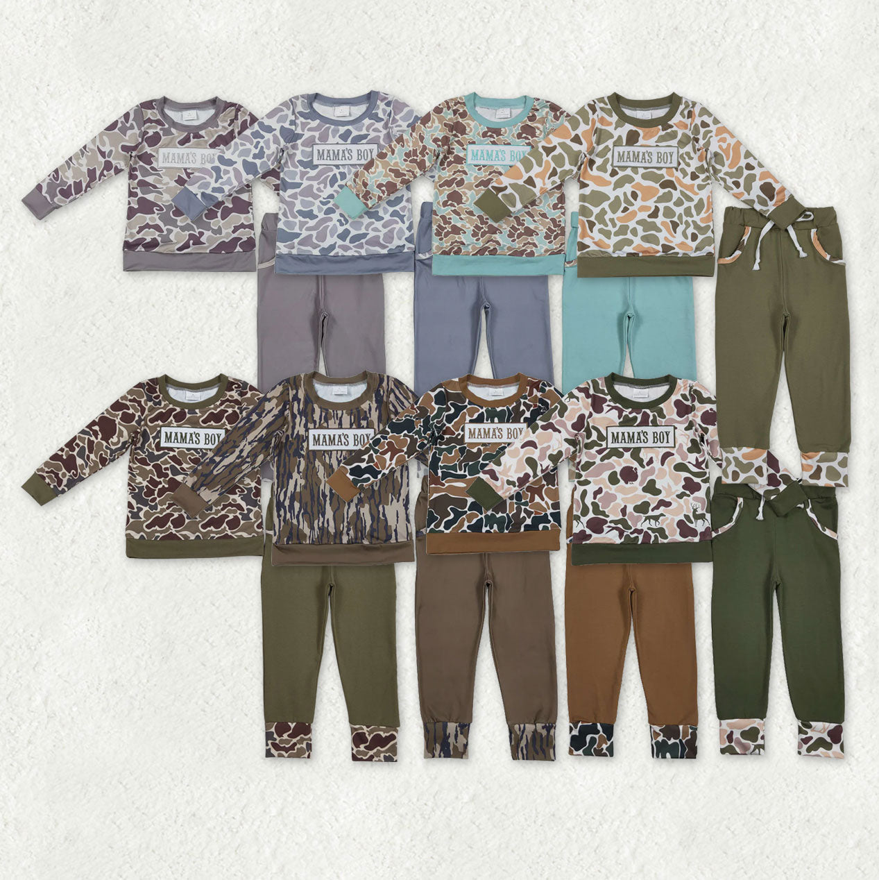 Sibling Baby Boys Kids Long Sleeves Embroidery Mama's Boy Camo Shirt Pockets Pants Sets RTS