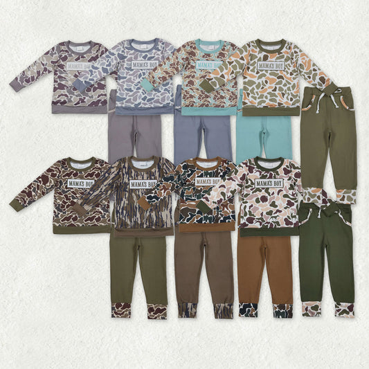 Sibling Baby Boys Kids Long Sleeves Embroidery Mama's Boy Camo Shirt Pockets Pants Sets RTS