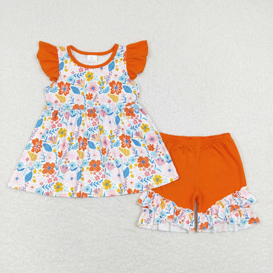 GSSO0510 Baby Girl Short Sleeves Floral Tunic Orange Ruffle Shorts Set
