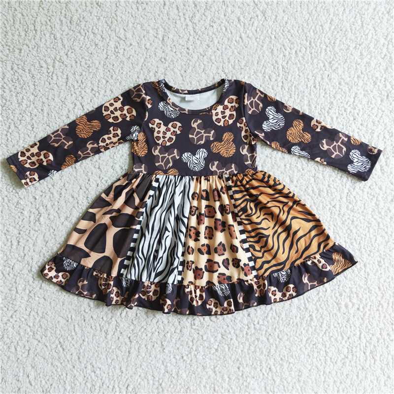 6 B11-37 Baby Girl Long Sleeves Leopard Twirl Dress