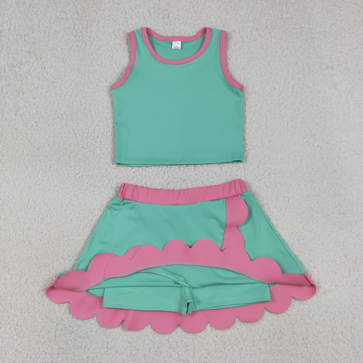 Baby Girls Kids Green Tops Scallop Skirt Shorts Yoga Active Set Summer Clothes RTS