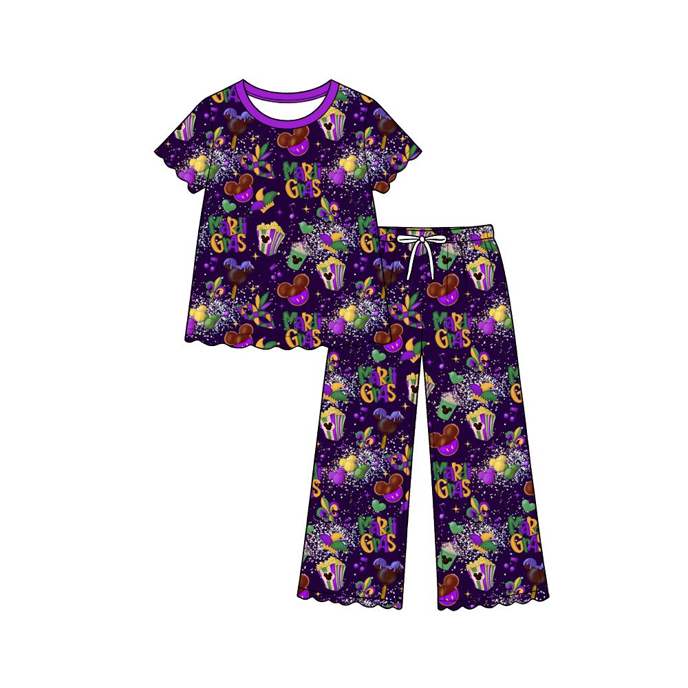 ( Moq 5 ) Preorder Baby Girls Kids Short Sleeves Cartoon Shirt Scallop Pants Mardi Gras Set Clothes