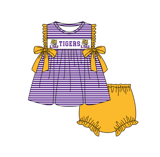 ( Moq 5 ) Baby Girls Toddler Tigers Bows Purple Stripes Tops Bummie Shorts Team Set