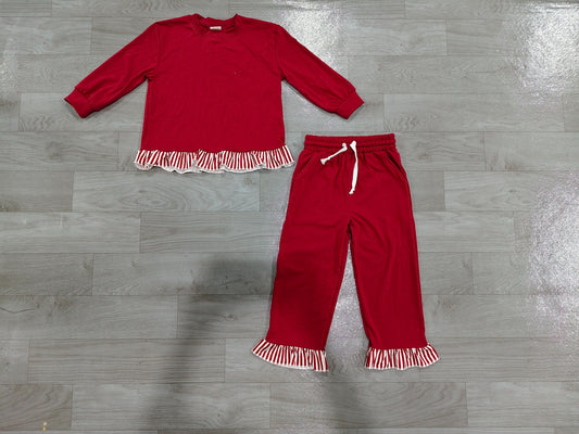 ( No moq ) Preorder Baby Girls Kids Long Sleeves Stripes Ruffle Shirt Pants Set Cotton Clothes