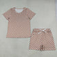 Adult Women Short Sleeves Brown Checked Shirt Shorts Pajamas Clothes Set RTS