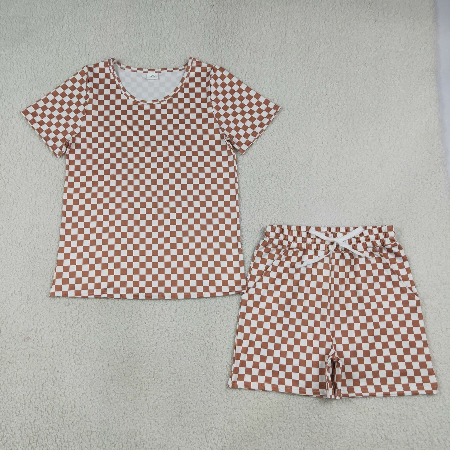 Adult Women Short Sleeves Brown Checked Shirt Shorts Pajamas Clothes Set RTS
