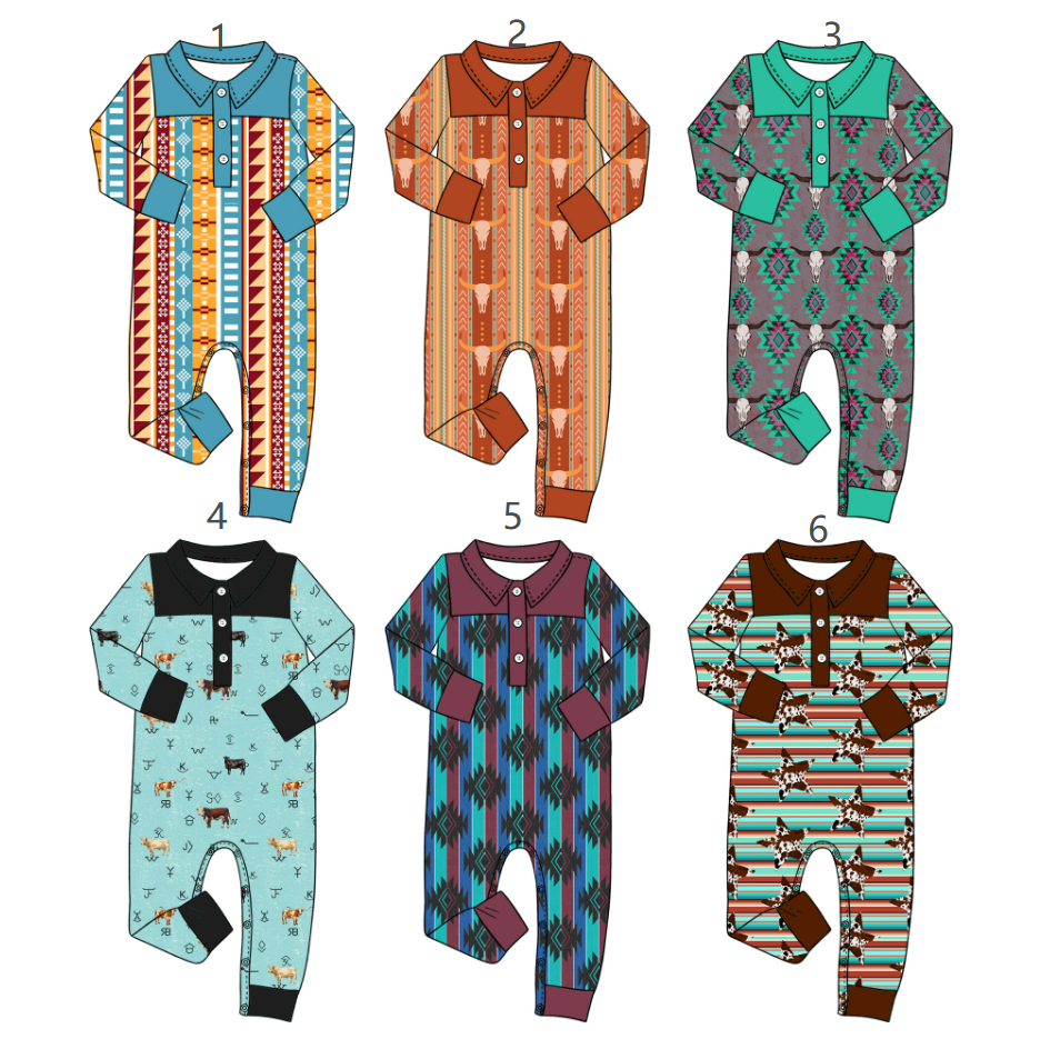 ( Moq 5 Each Style ) Sibling Baby Boys Infant Long Sleeves Western Cow Aztec Rompers Clothes