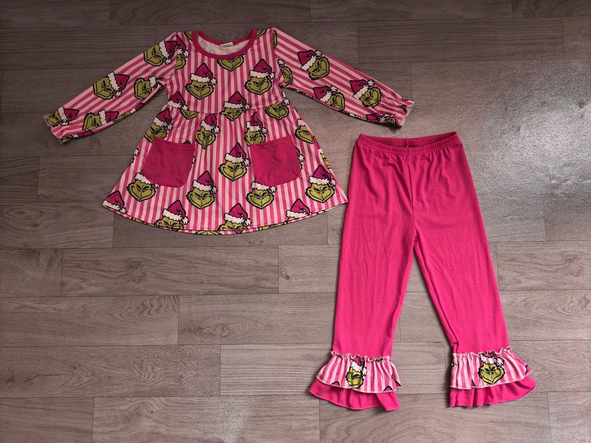 ( No moq ) Preorder Baby Girl Kids Christmas Green Face Stripes Pockets Tunic Pink Pants Set Clothes