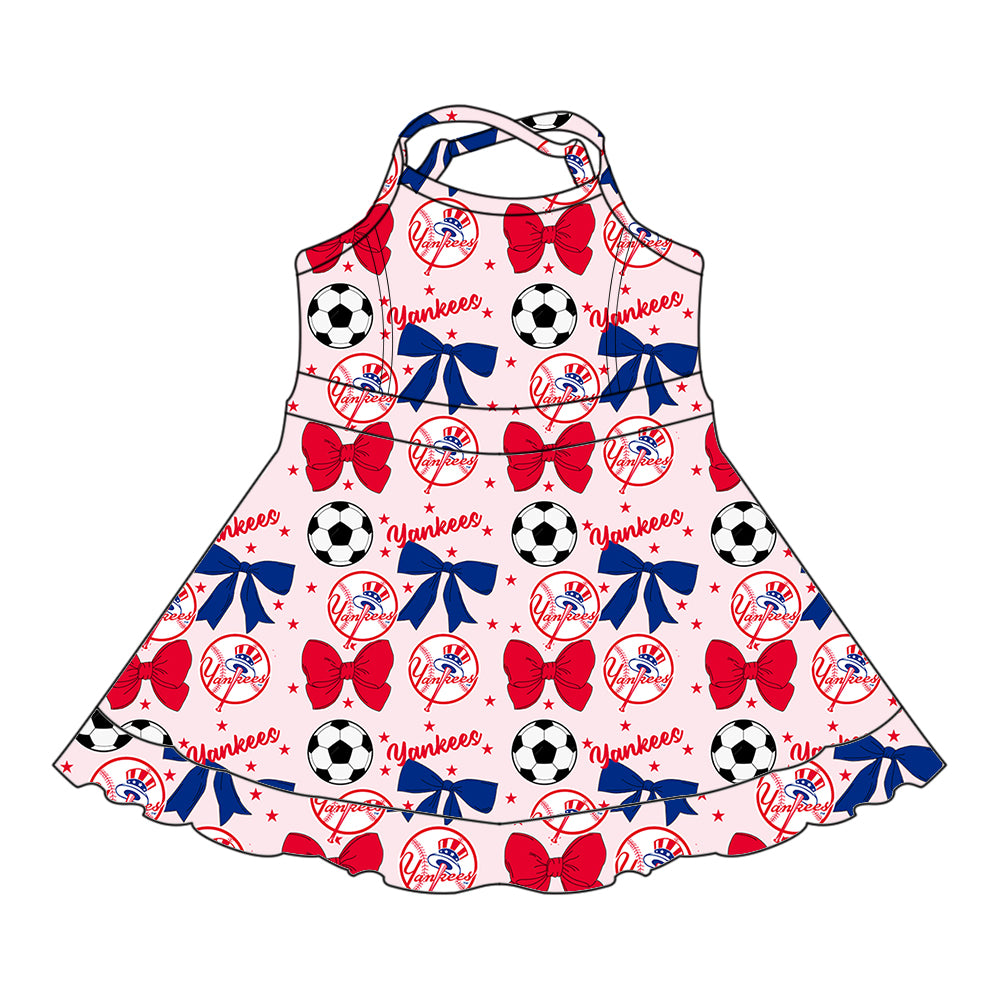 ( Moq 5 each style ) Baby Girl Toddler Team Red Blue Bows Soccer‌ Sibling Shirt Dress Set