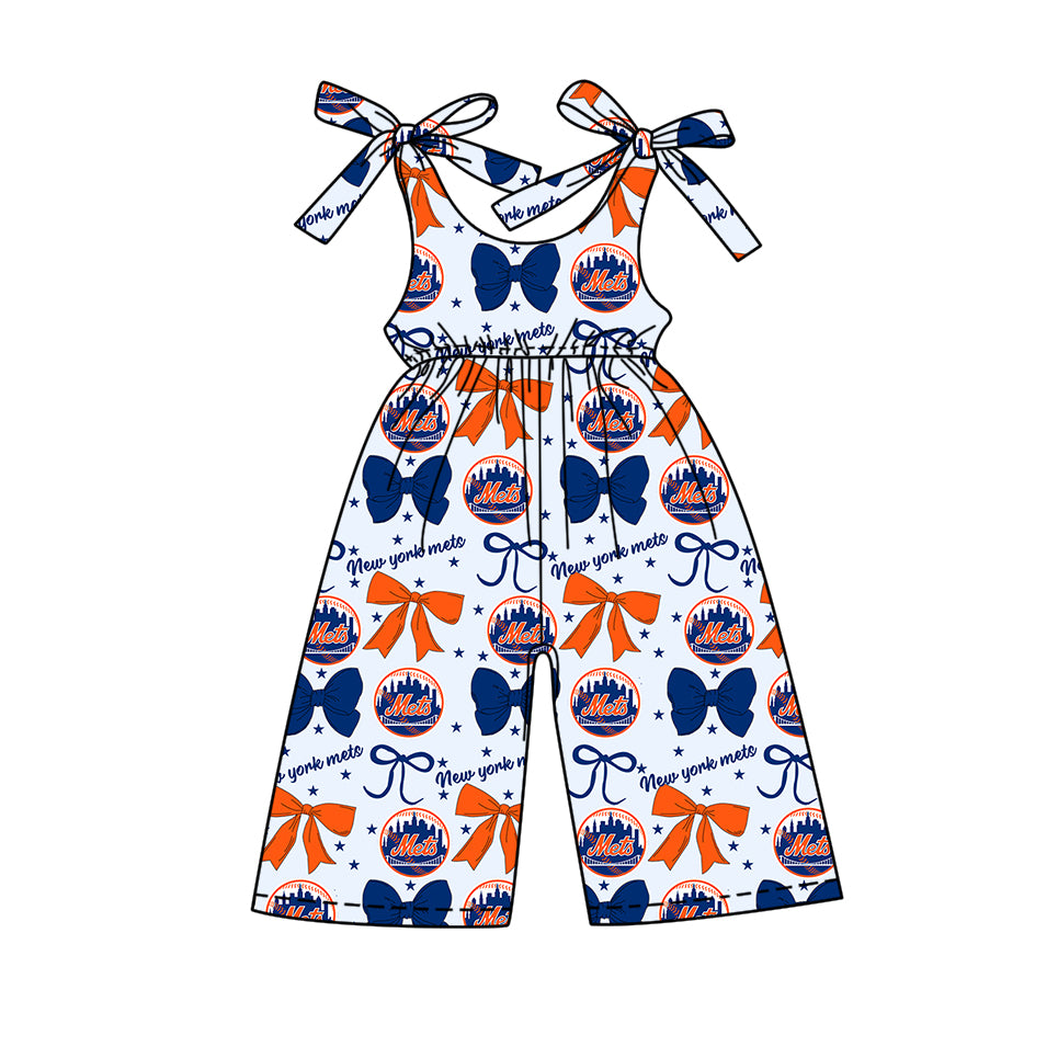 ( Moq 5 each style ) Baby Girl Toddler SF Team Orange Blue Bows Sibling Jumpsuit Set 6.16