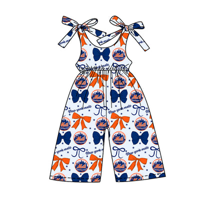 ( Moq 5 each style ) Baby Girl Toddler SF Team Orange Blue Bows Sibling Jumpsuit Set 6.16